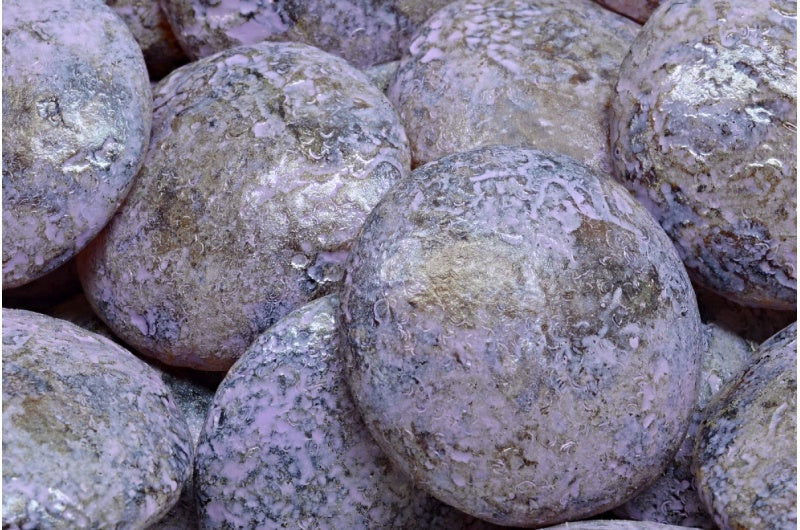 カボションビーズ、クリスタルエッチングトラバーチンコールドパープルスポット(00030-etch-86800-33305)、ガラス、チェコ共和国