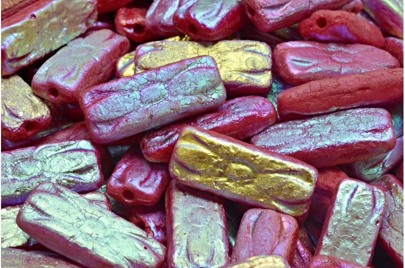 Flower Rectangle Beads, Opaque Red Etched Ab Full (2X Side) (93210-etch-28703), Glass, Czech Republic