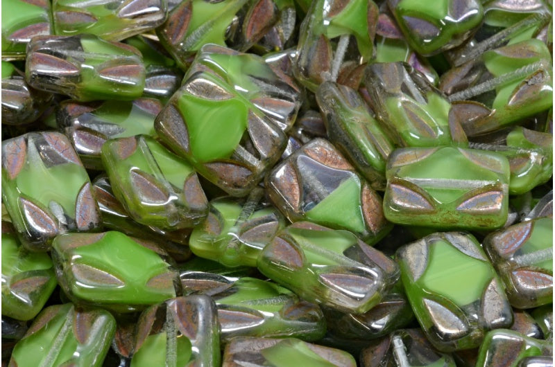 Table Cut Rectangle Beads, Opaque Green Brass (56018-90215), Glass, Czech Republic