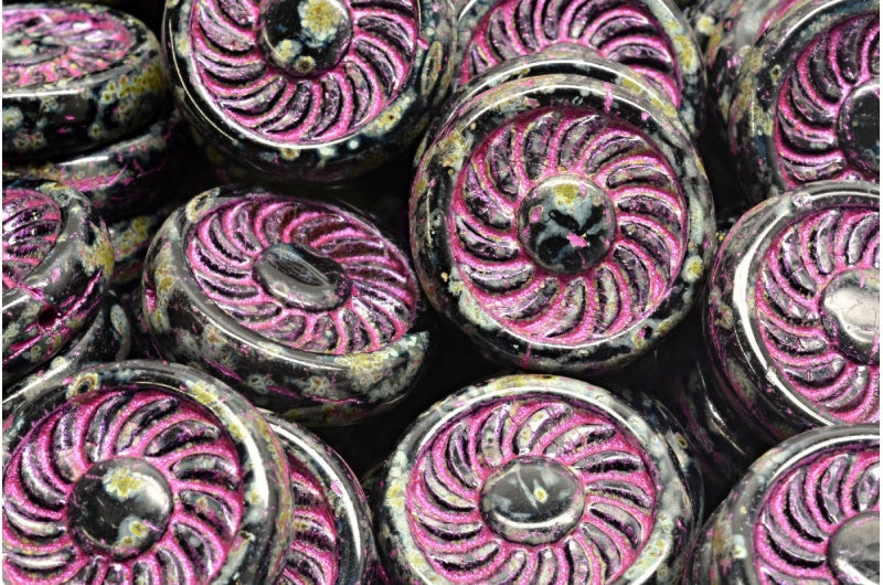 Flat Round Turbine Beads, Black Travertin Pink Lined (23980-86800-54321), Glass, Czech Republic