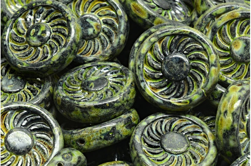 Flat Round Turbine Beads, Black Travertin Light Green (23980-86800-34310), Glass, Czech Republic