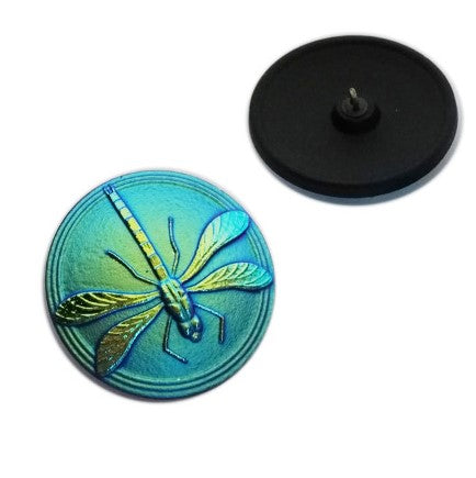 1 pcs Hand Painted Glass Buttons with ornament DRAGONFLY, size 18 (40.5 mm), Glass, Czech Republic