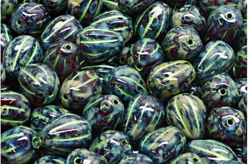 Drop Melon Beads, Ruby Red Travertin Green (90080-86800-43813), Glass, Czech Republic