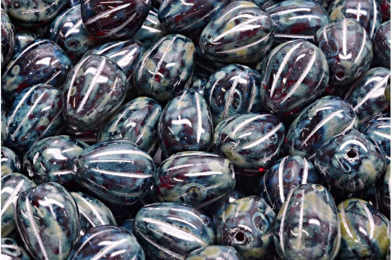 Drop Melon Beads, Ruby Red Travertin Silver Lined (90080-86800-54301), Glass, Czech Republic