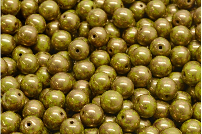 Round Druck Beads, Green Terracotta Violet (53420-15496), Glass, Czech Republic