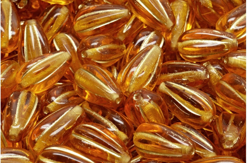 Drop Melon Beads, Transparent Orange Gold Lined (10060-54302), Glass, Czech Republic