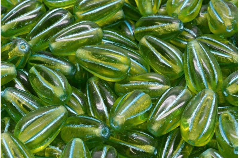 Drop Melon Beads, Transparent Green Light Blue Lined (50220-54308), Glass, Czech Republic
