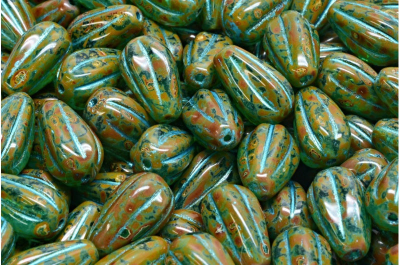 Drop Melon Beads, Transparent Aqua Travertin Light Blue Lined (60220-86800-43811), Glass, Czech Republic