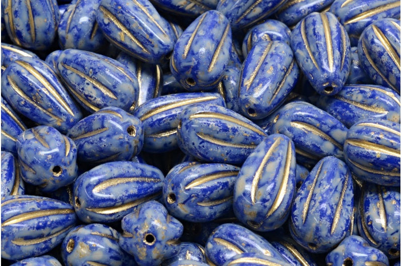 Drop Melon Beads, Opaque Blue Beige Travertin Spotted Gold Lined (33070-33301-54302), Glass, Czech Republic