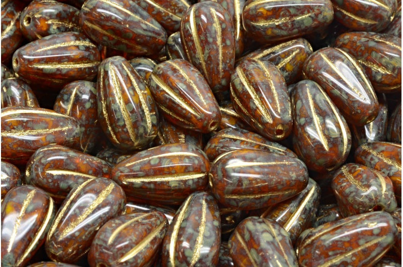 Drop Melon Beads, 81250 Travertin Gold Lined (81250-86800-54302), Glass, Czech Republic