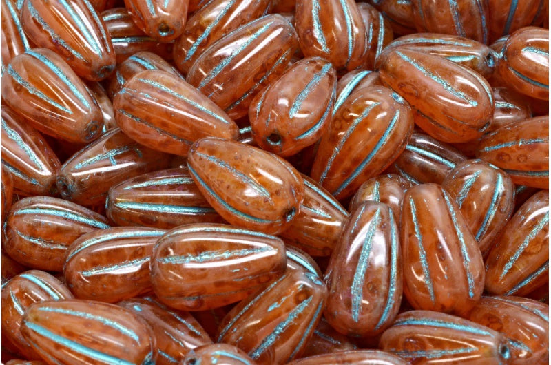 Drop Melon Beads, Opal Pink Travertin Light Blue Lined (71010-86800-43811), Glass, Czech Republic