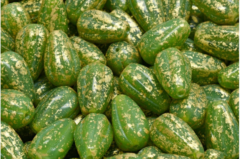 Drop Melon Beads, Opal Green Gold Splash (51010-94401), Glass, Czech Republic