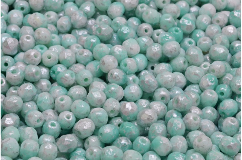 ファセットラウンドファイアポリッシュビーズ、ターコイズチョークホワイトシルバースプラッシュ(63130-03000-94400)、ガラス、チェコ共和国