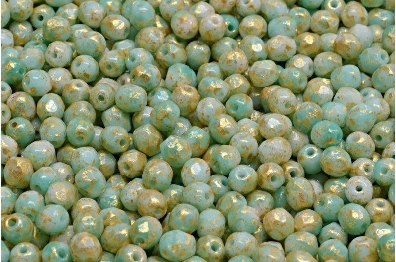 ファセットラウンドファイアポリッシュビーズ、ターコイズチョークホワイトゴールドスプラッシュ(63130-03000-94401)、ガラス、チェコ共和国