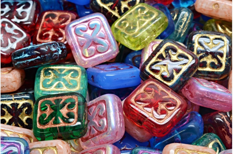 OUTLET 10 grams Ornamental Cushion Beads, 11 x 12 mm, Mixed Colors (00001-mix), Glass, Czech Republic