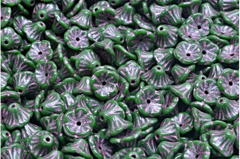 ベルフラワーカップビーズ、不透明グリーンピンクライン入り(53240-54321)、ガラス、チェコ共和国