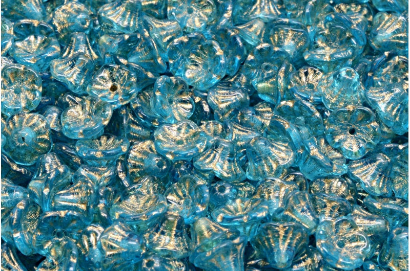 ベルフラワーカップビーズ、透明アクアゴールドライン(60010-54302)、ガラス、チェコ共和国