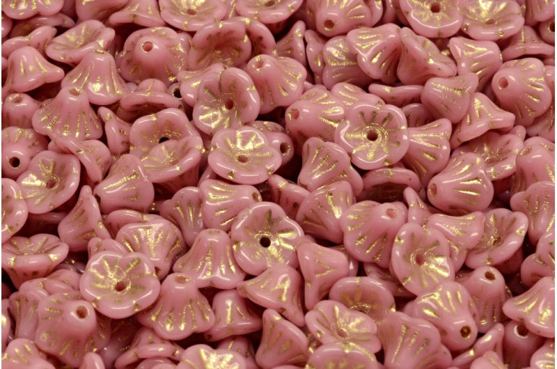 Bell Flower Cup Beads, Opaque Pink Gold Lined (74010-54302), Glass, Czech Republic