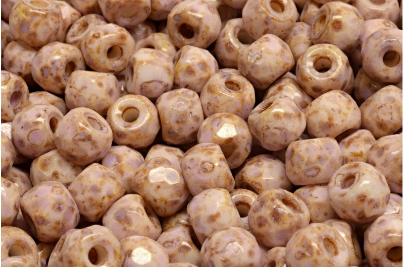 ファセット加工のポニーベーグルビーズ、チョークホワイトトラバーチン、コールドパープルスポット(03000-86800-33305)、ガラス、チェコ共和国