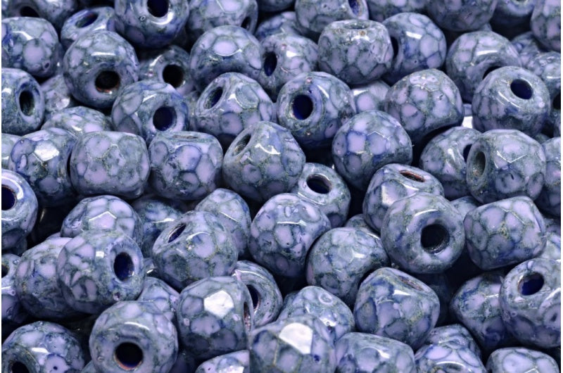 ファセット加工のポニーベーグルビーズ、不透明ブルートラバーチン、コールドパープルスポット(33050-86800-33305)、ガラス、チェコ共和国