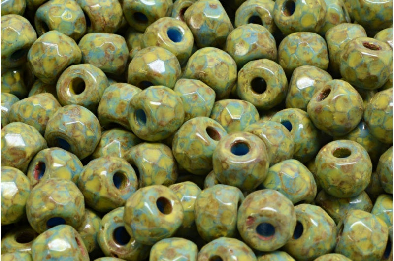 ファセット加工のポニーベーグルビーズ、不透明ブルートラバーチンベージュイエロースポット(33100-86800-33303)、ガラス、チェコ共和国