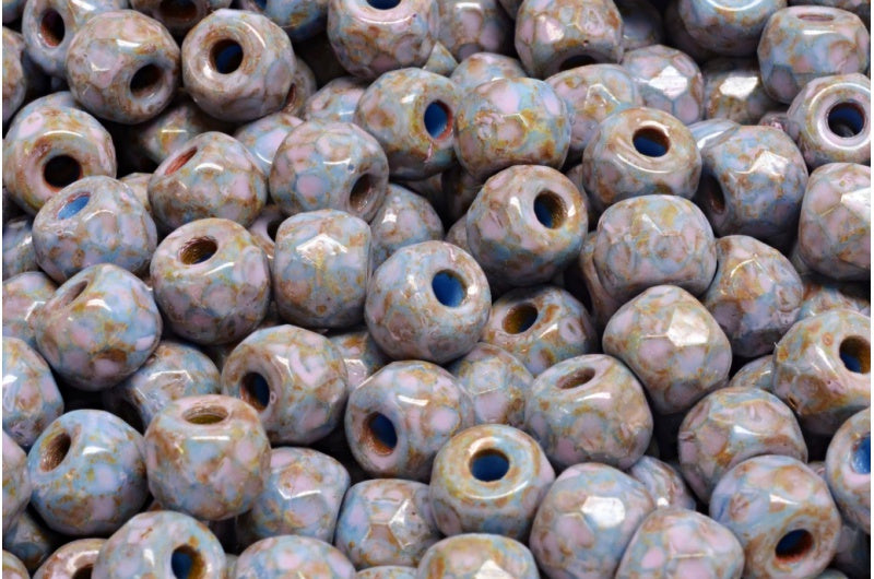 ファセット加工のポニーベーグルビーズ、不透明ブルートラバーチン、コールドパープルスポット(33100-86800-33305)、ガラス、チェコ共和国