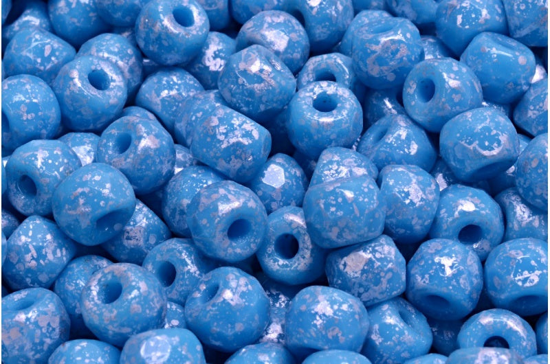 多面小马贝果珠,绿松石蓝银色泼墨(63030-94400),玻璃,捷克共和国