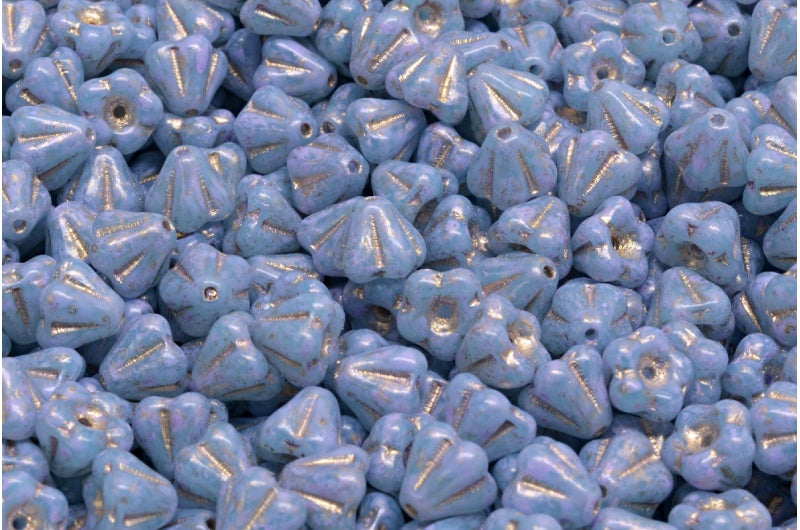 Bell Flower Beads, Opal Aqua Gold Lined Cold Purple Spotted (61010-54302-33305), Glass, Czech Republic