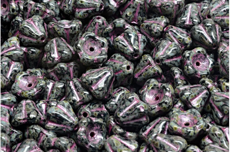 ベルフラワービーズ、ブラックトラバーチン、ピンクライン(23980-86800-54321)、ガラス、チェコ共和国