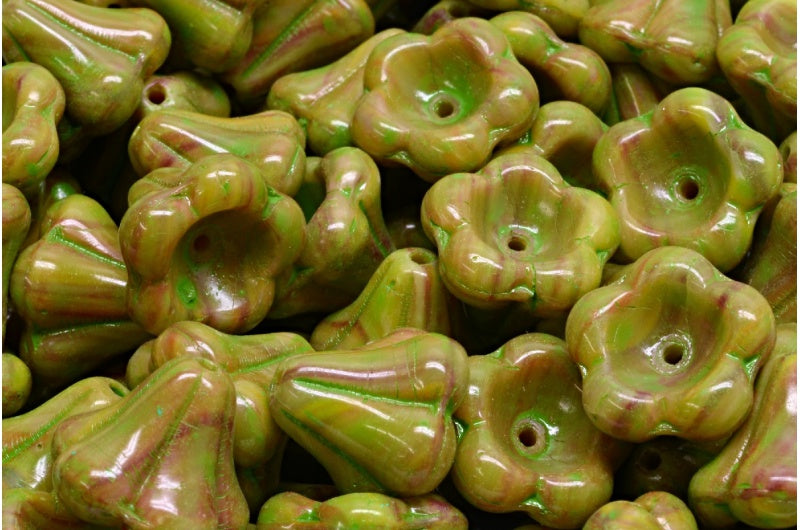 ベルフラワービーズ、R1234 グリーンスポット(R1234-33311)、ガラス、チェコ共和国