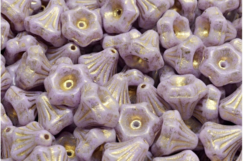 フラワーベルビーズ、ホワイトゴールドライン入り、コールドパープルスポット(02010-54302-33305)、ガラス、チェコ共和国