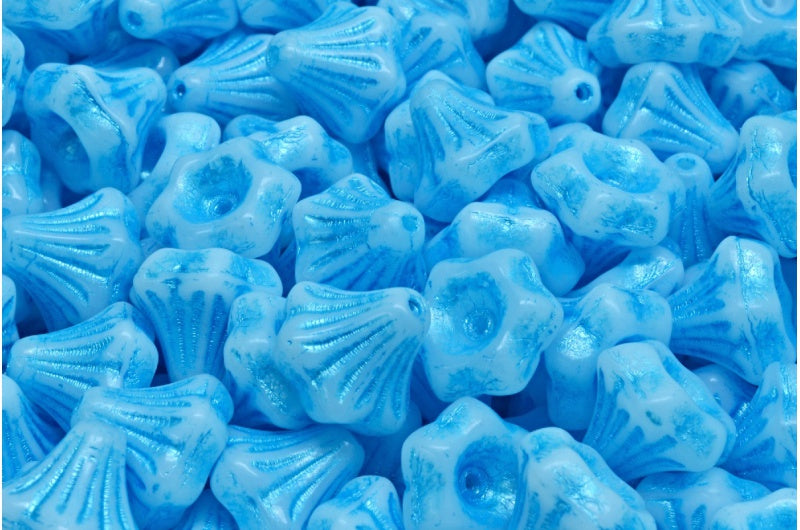 フラワーベルビーズ、白青ライン入り(02010-54323)、ガラス、チェコ共和国