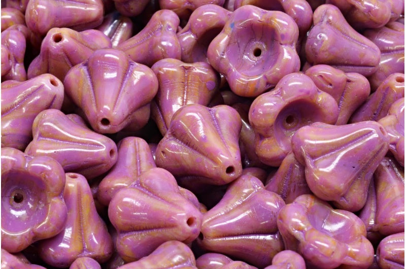 OUTLET 10 grams Bell Flower Beads, 11 x 13 mm, R1234 Pink Spotted (R1234-33306), Glass, Czech Republic