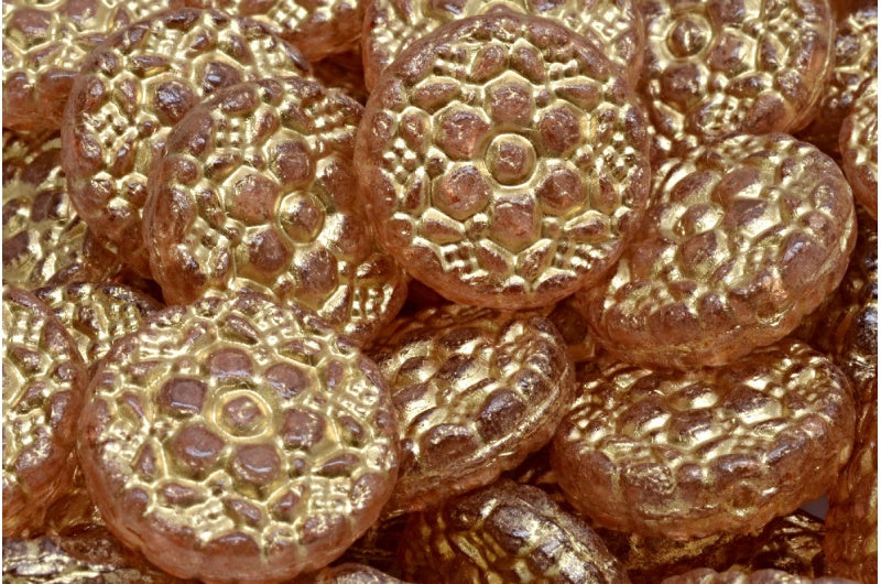 Spring Flower Round Beads, Crystal Gold Lined Light Pink Peach (00030-54302-34305), Glass, Czech Republic