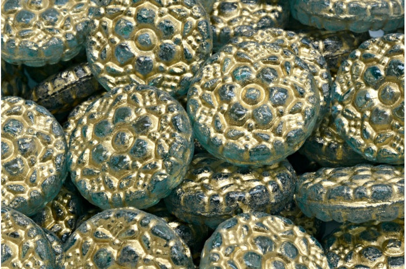 春日花朵圆形珠子,水晶镀金浅水蓝色(00030-54302-34308),玻璃,捷克共和国
