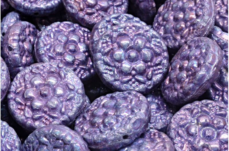 Spring Flower Round Beads, White Nebula (02010-15001), Glass, Czech Republic