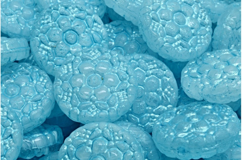 Spring Flower Round Beads, White Light Blue Lined (R0201-54308), Glass, Czech Republic