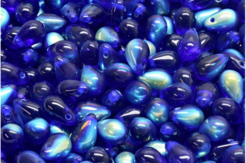 Drop Beads, Transparent Blue Ab (30090-28701), Glass, Czech Republic