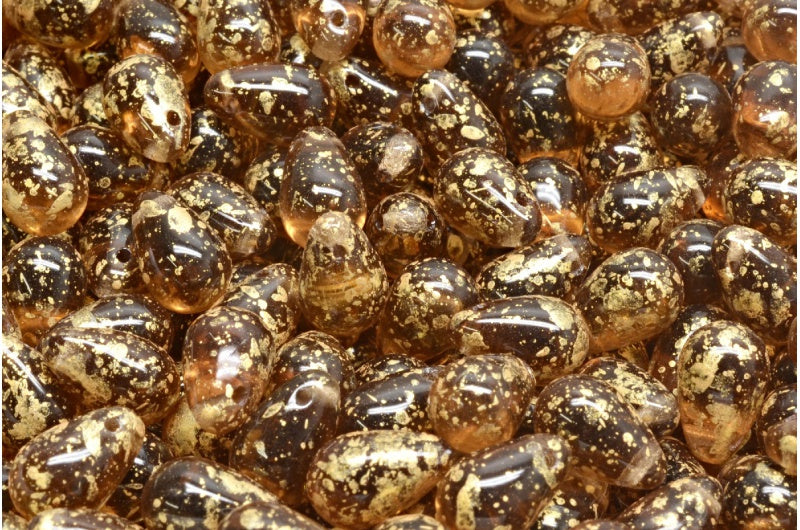 Drop Beads, Transparent Brown Gold Splash (10220-94401), Glass, Czech Republic