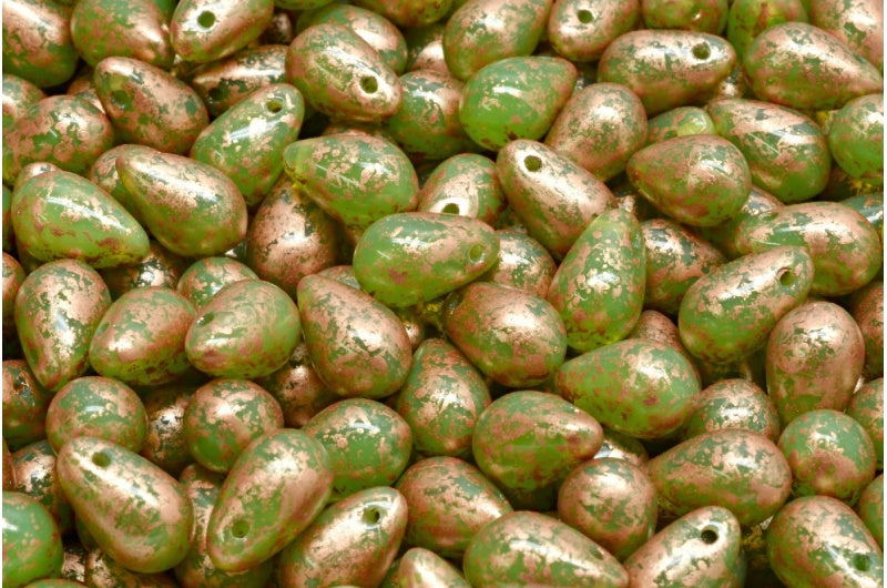 Drop Beads, Opal Green Copper Splash (51010-94402), Glass, Czech Republic