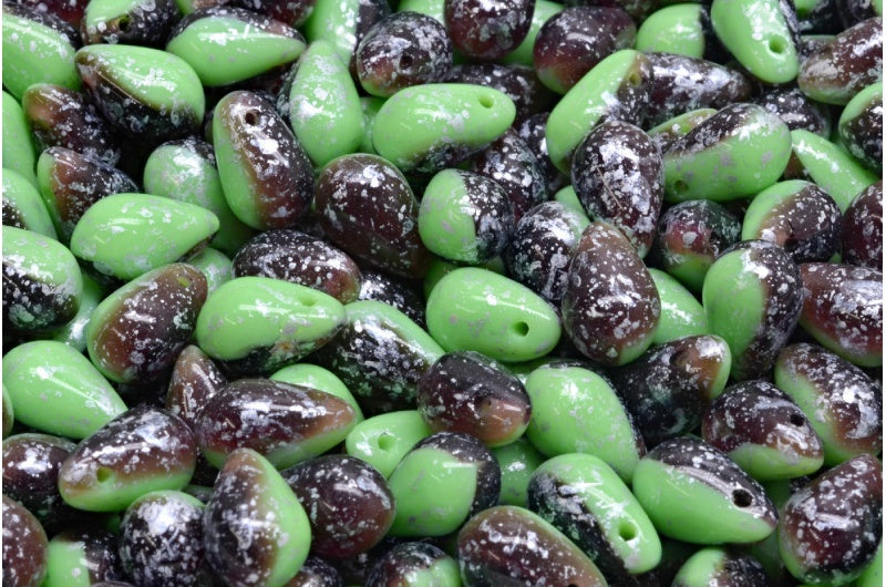 Drop Beads, Opaque Green 20100 Silver Splash (53200-20100-94400), Glass, Czech Republic