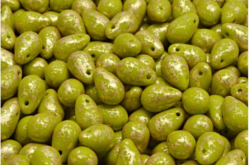 Drop Beads, Opaque Green Gold Splash (53400-94401), Glass, Czech Republic