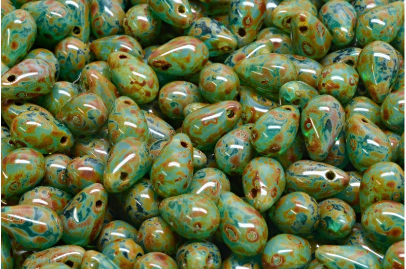 OUTLET 10 grams Drop Beads, 6 x 9 mm, Opal Aqua Transparent Aqua Travertin (61100-60230-86800), Glass, Czech Republic