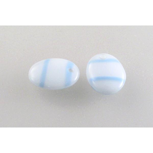 Oval Lentil Pressed Beads, White Blue Stripes (08605), Glass, Czech Republic