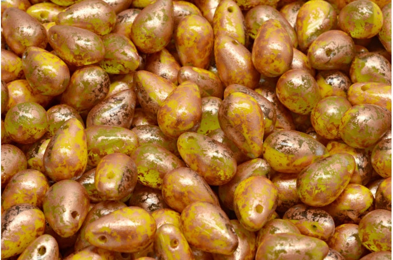 Drop Beads, Yellow Transparent Blue Copper Splash (83120-30020-94402), Glass, Czech Republic