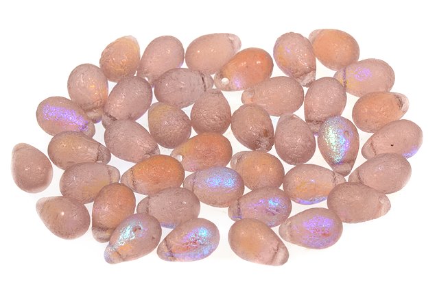 ドロップビーズ、透明ライトアメジストエッチングAB(20030-LEPT-28701)、ガラス、チェコ共和国