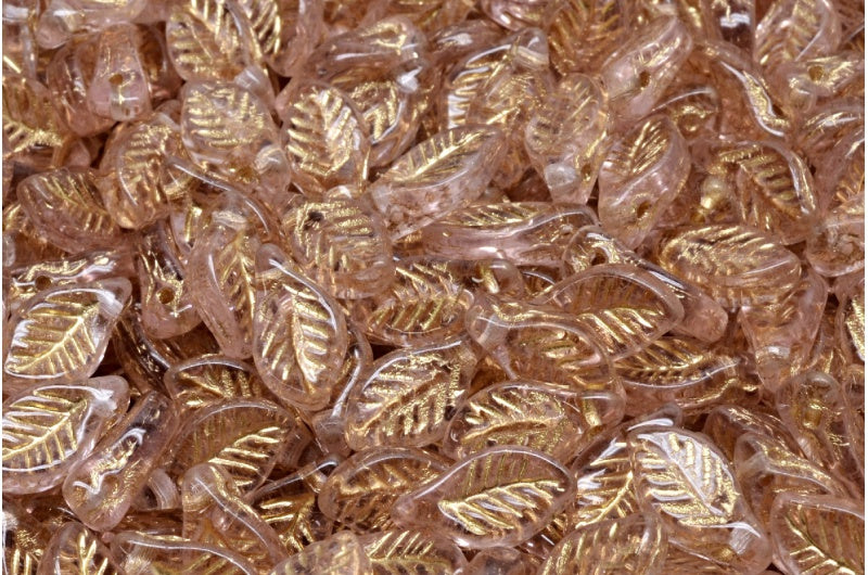 Bay Leaf Beads, Transparent Pink Gold Lined (70110-54302), Glass, Czech Republic