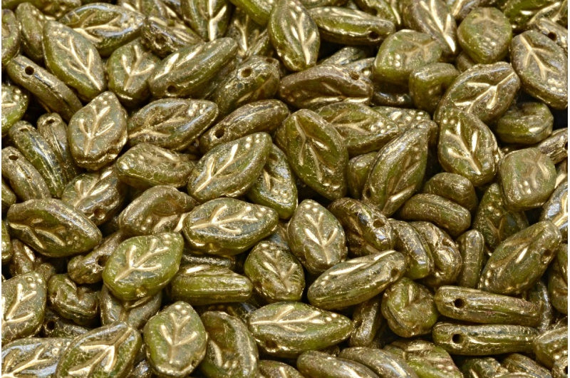 Cherry Leaf Beads, Transparent Green Opaque Green Travertin Gold Lined (50220-53400-86800-54302), Glass, Czech Republic