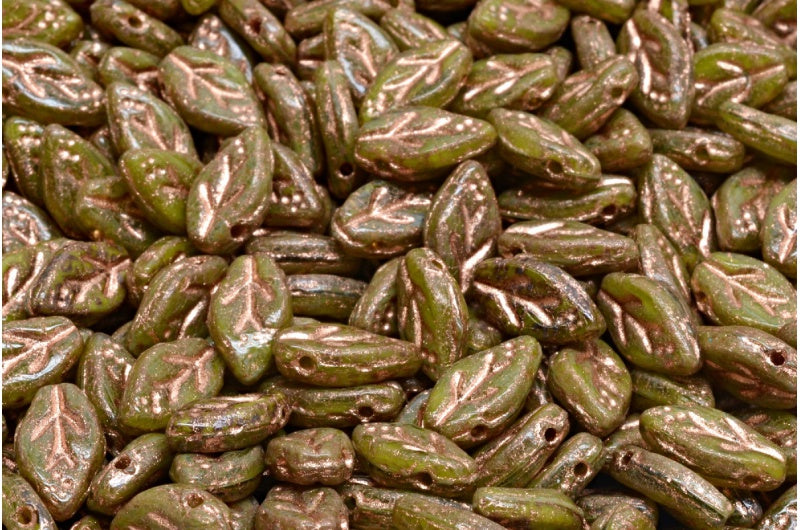 Cherry Leaf Beads, Transparent Green Opaque Green Travertin Copper Lined (50220-53400-86800-54307), Glass, Czech Republic