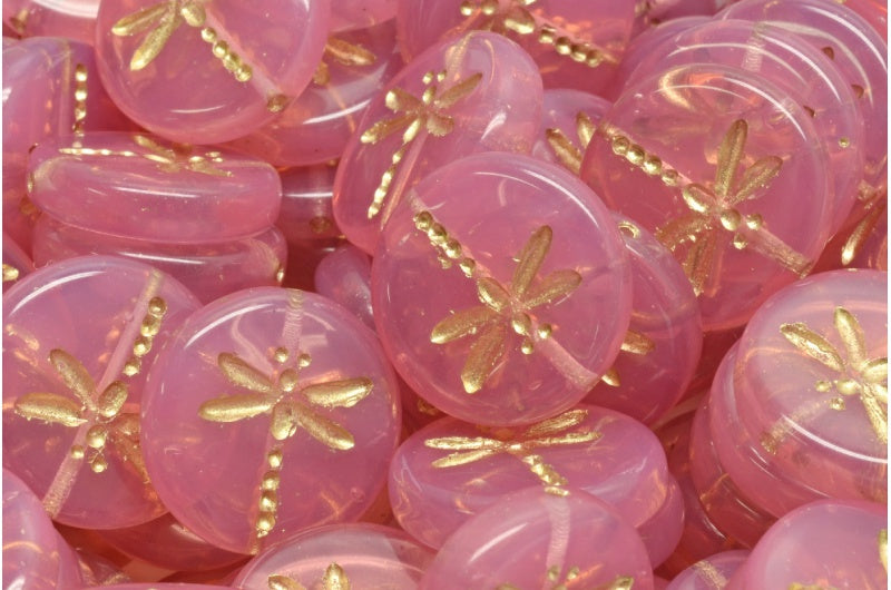 Round Flat Beads With Dragonfly, Transparent Pink Gold Lined (70010-54302), Glass, Czech Republic